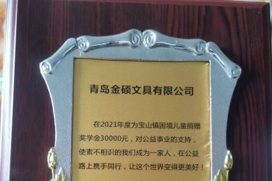 爱心服务中心负责人向青岛金硕文具有限公司颁发纪念章，感谢我们为有需要的青少年捐款3万元。